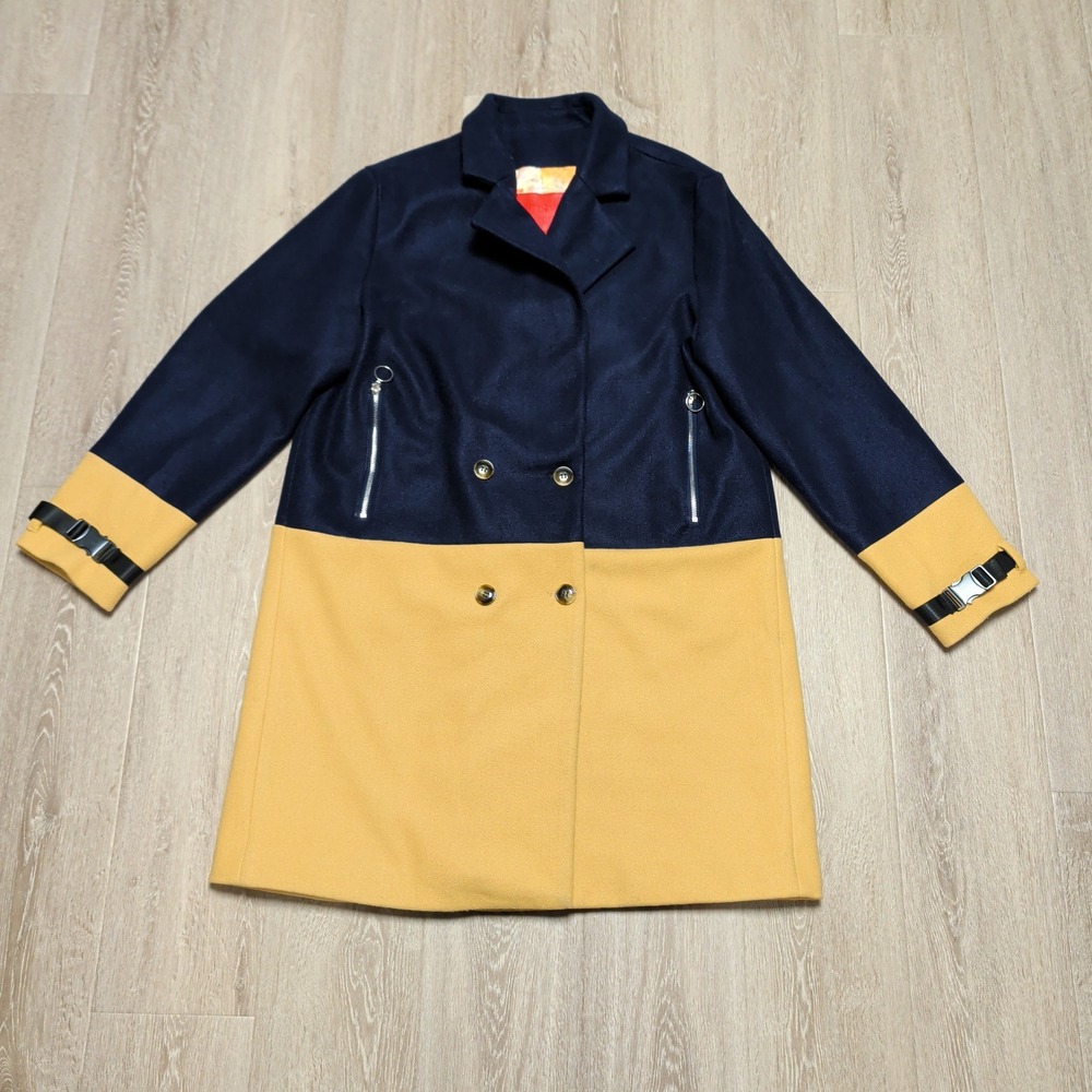 HUDSON Outerwear Atelier Wool Pea Coat Mens 3XL Navy Tan Color Block Silk Lined‎